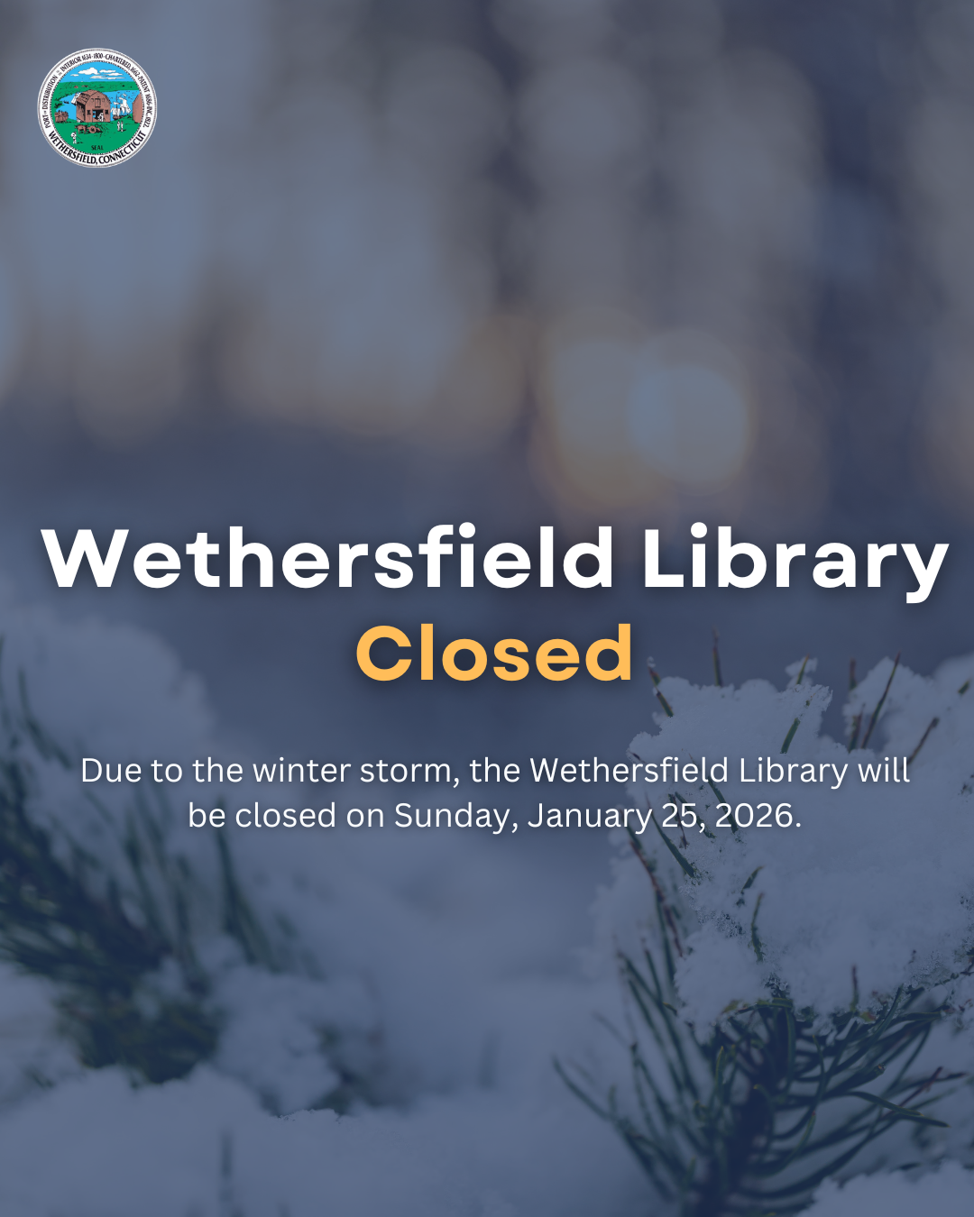 Wethersfield Library will be closed on Sunday, January 25, 2026, due to the winter storm.